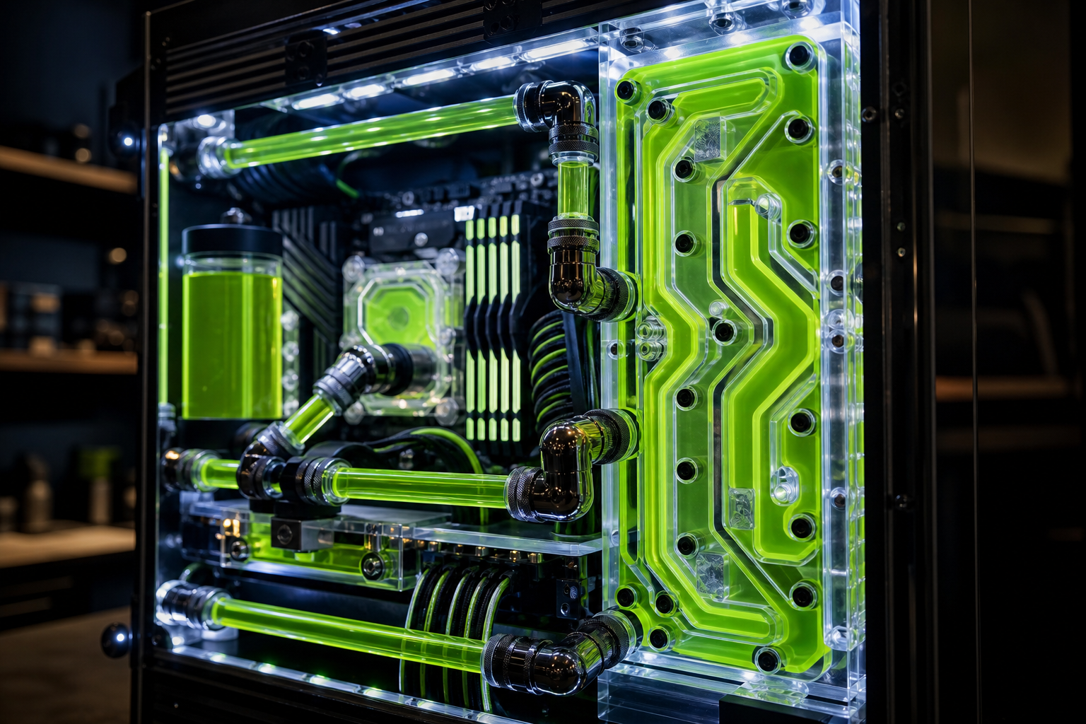 Circuito di raffreddamento a liquido custom con tubi in PMMA e liquido colorato
