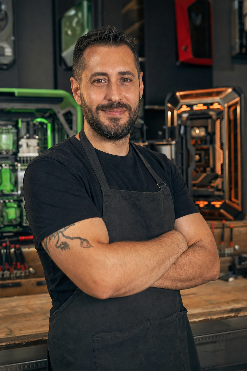 Gabriele Moretti, fondatore di ModdingLab, nel laboratorio di personalizzazione PC a Como